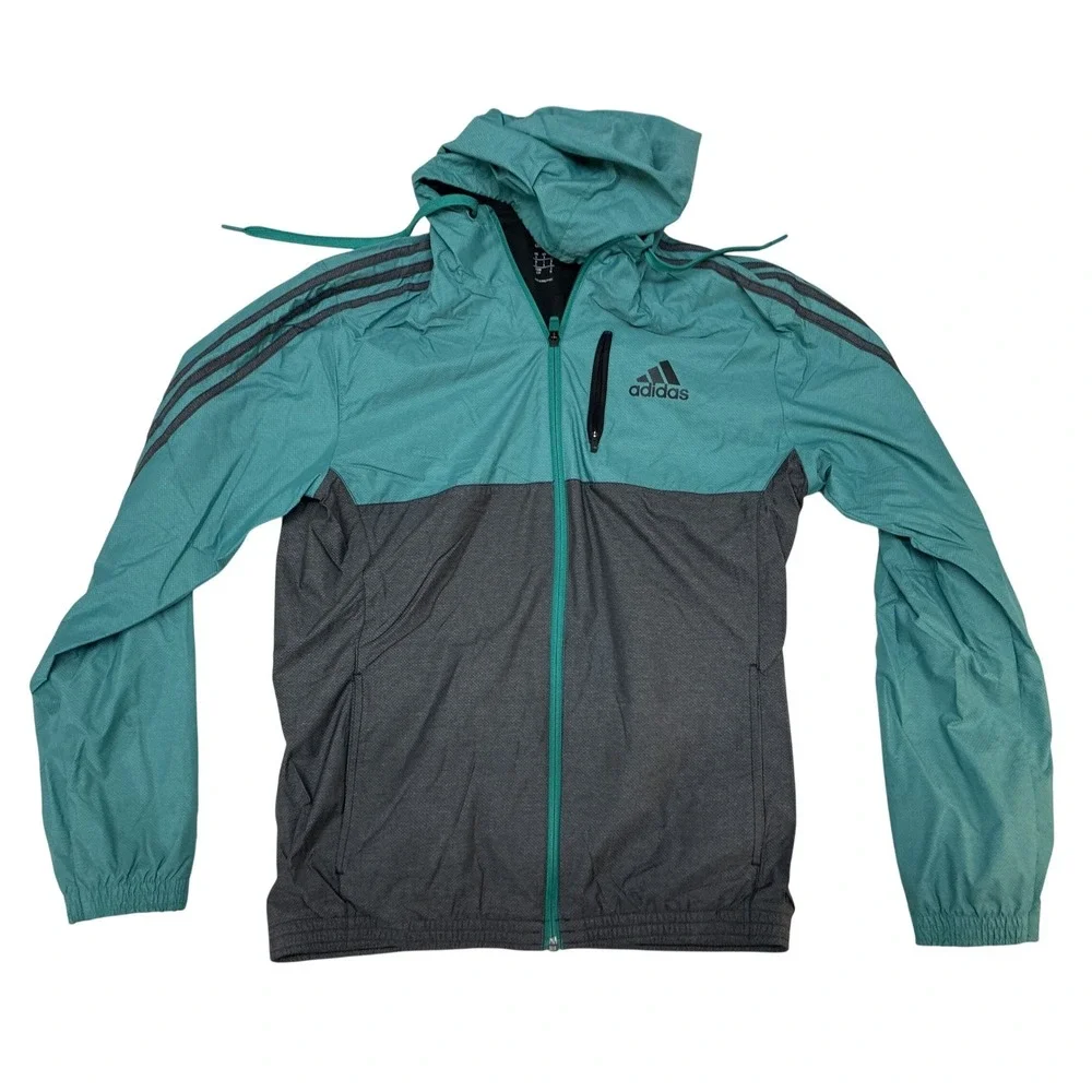 Adidas Mens Windbreaker‎ Jacket Teal Gray Full Zip Hooded Small Colorblock S
